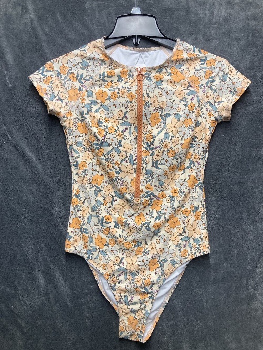 Cupshe Yellow Floral Zip-Front Short Sleeve One-Piece Bikini